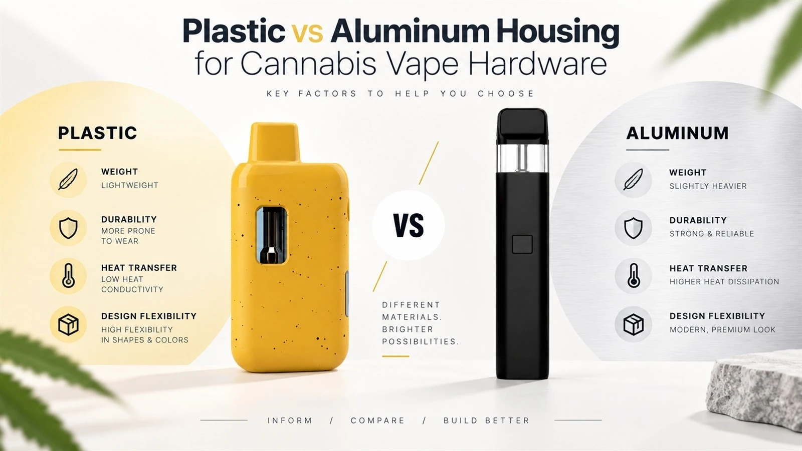 Cannabis vape housing comparison showing weight, durability, heat transfer, and design flexibility Cannabis vape housing comparison showing weight, durability, heat transfer, and design flexibility